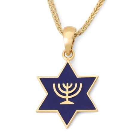 Collier pendentif étoile de David en or 14 carats avec menorah et émail bleu