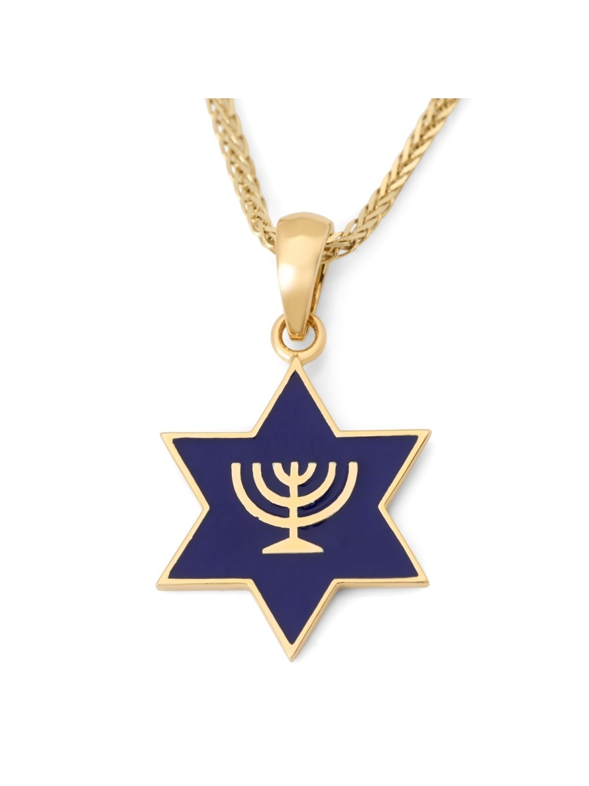 Collier pendentif étoile de David en or 14 carats avec menorah et émail bleu