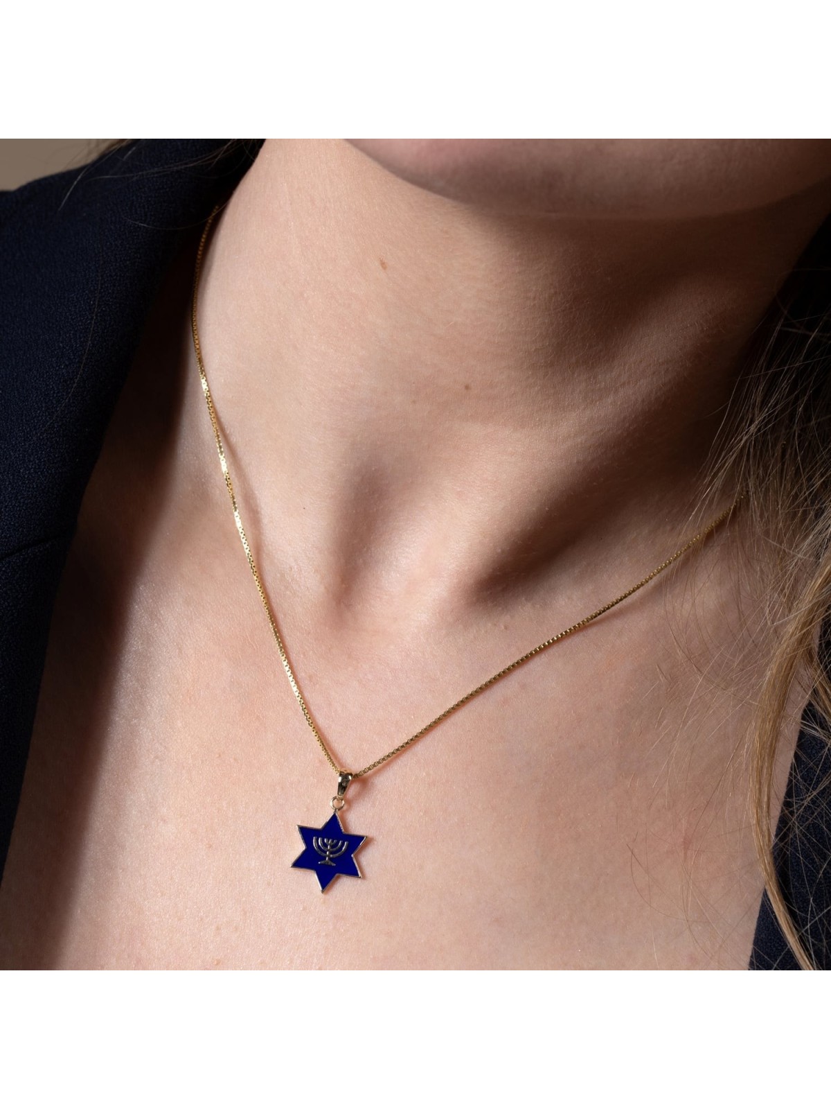 14K Gold Star of David Pendant Necklace with Menorah and Blue Enamel