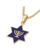 14K Gold Star of David Pendant Necklace with Menorah and Blue Enamel