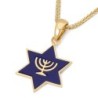 14K Gold Star of David Pendant Necklace with Menorah and Blue Enamel