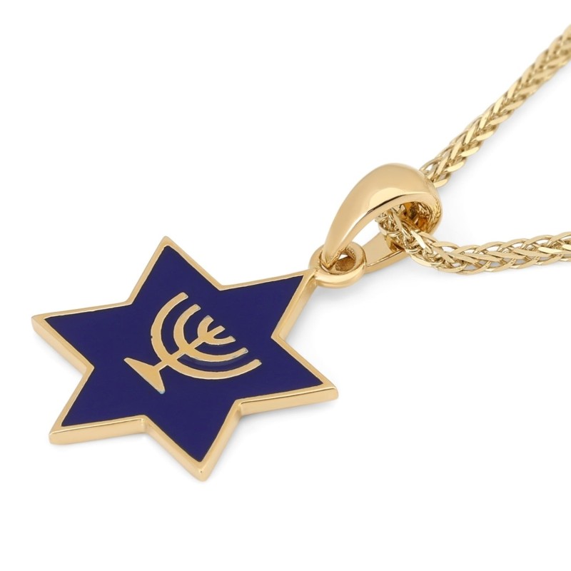 Collier pendentif étoile de David en or 14 carats avec menorah et émail bleu
