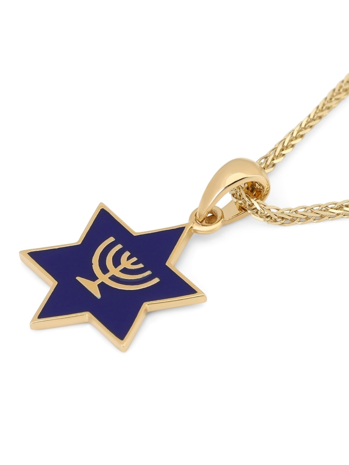 Collier pendentif étoile de David en or 14 carats avec menorah et émail bleu