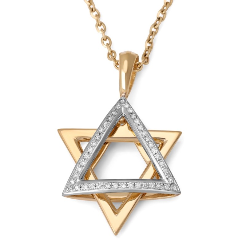 Pendentif étoile de David pendant en or 14 carats bicolore pour femme avec diamants