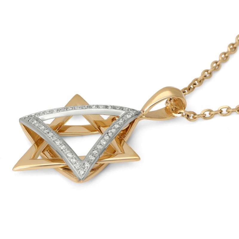Pendentif étoile de David pendant en or 14 carats bicolore pour femme avec diamants