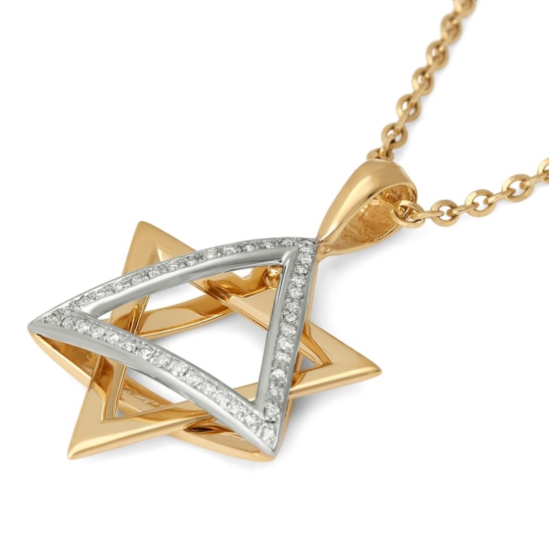Pendentif étoile de David pendant en or 14 carats bicolore pour femme avec diamants
