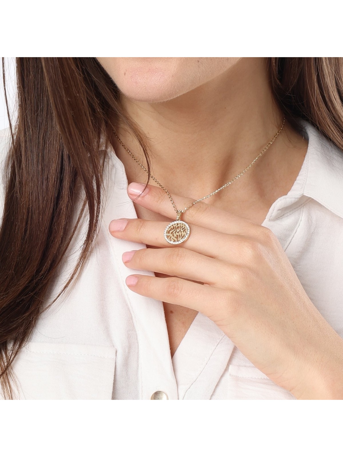 14K Gold Round Shema Yisrael Pendant with Diamonds - Color Option