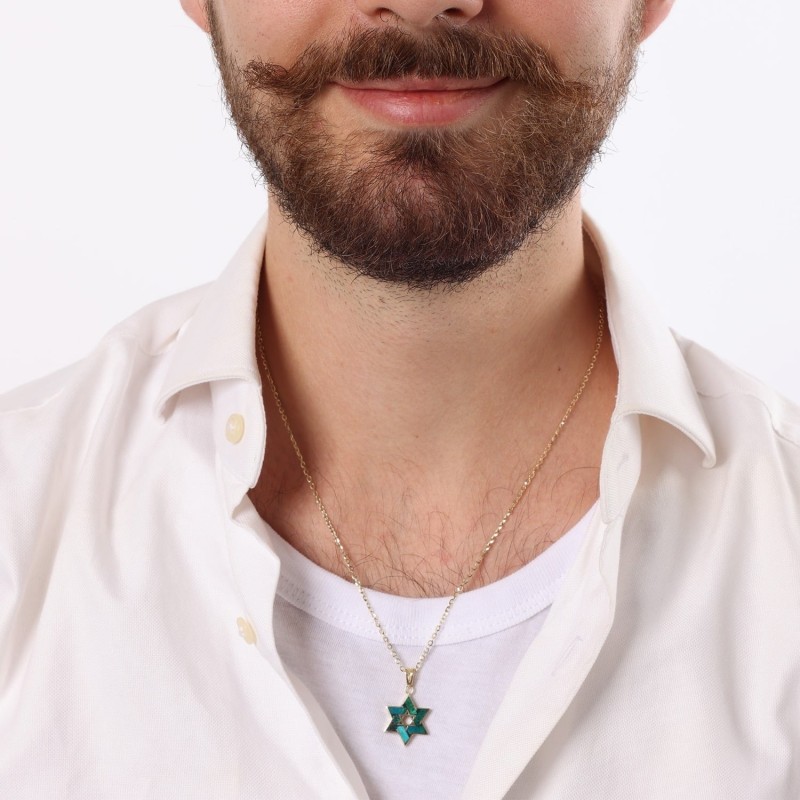Pendentif élégant étoile de David en or 14 carats avec pierre d'Eilat