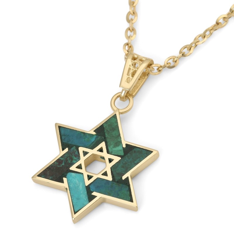 Pendentif élégant étoile de David en or 14 carats avec pierre d'Eilat
