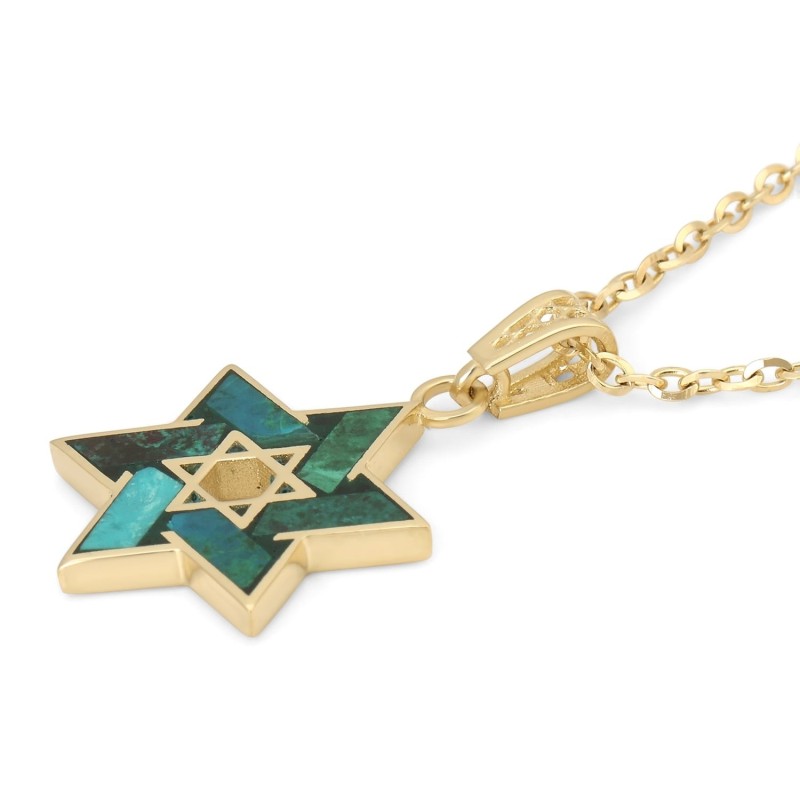 Pendentif élégant étoile de David en or 14 carats avec pierre d'Eilat
