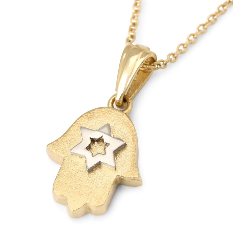 Collier pendentif Hamsa en or blanc 14 carats et étoile de David pour femme