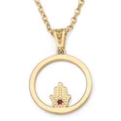 Women's 14K Gold Circular Pendant Necklace with Hamsa and Ruby