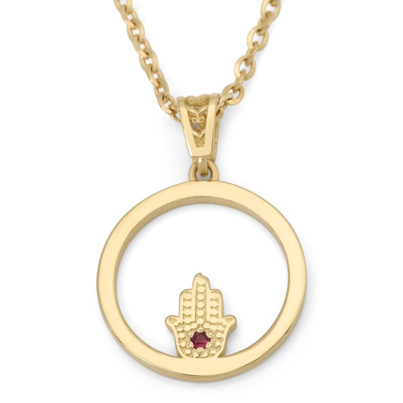 Women's 14K Gold Circular Pendant Necklace with Hamsa and Ruby