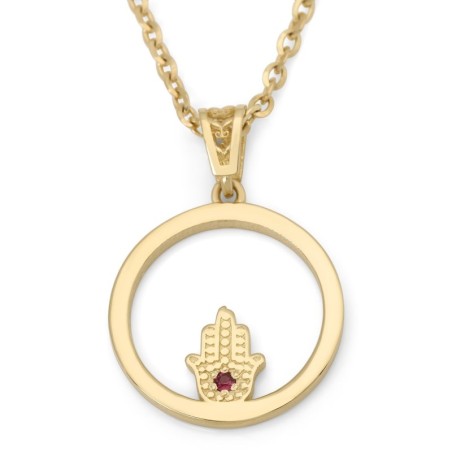 Women's 14K Gold Circular Pendant Necklace with Hamsa and Ruby