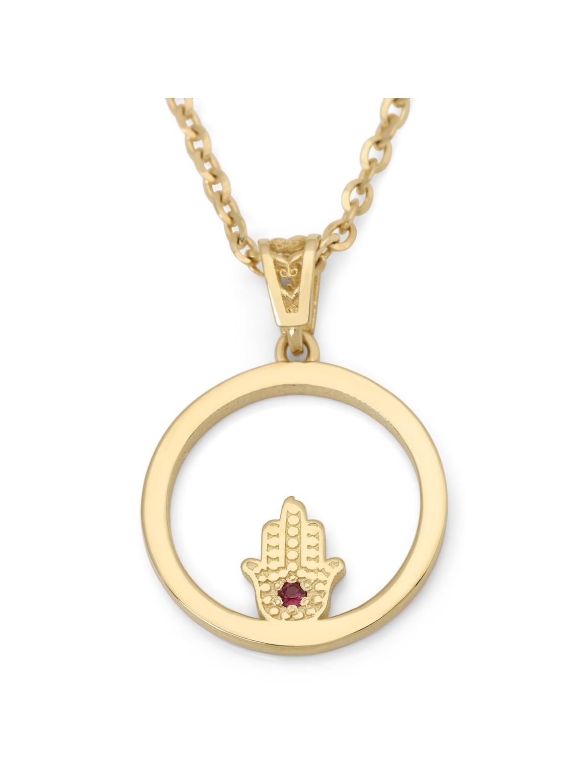 Women's 14K Gold Circular Pendant Necklace with Hamsa and Ruby