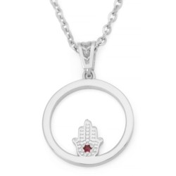 Women's 14K Gold Circular Pendant Necklace with Hamsa and Ruby