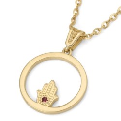 Women's 14K Gold Circular Pendant Necklace with Hamsa and Ruby