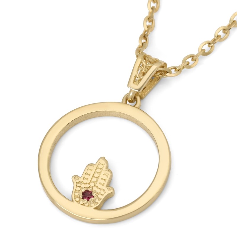 Collier pendentif circulaire en or 14 carats pour femme avec Hamsa et rubis