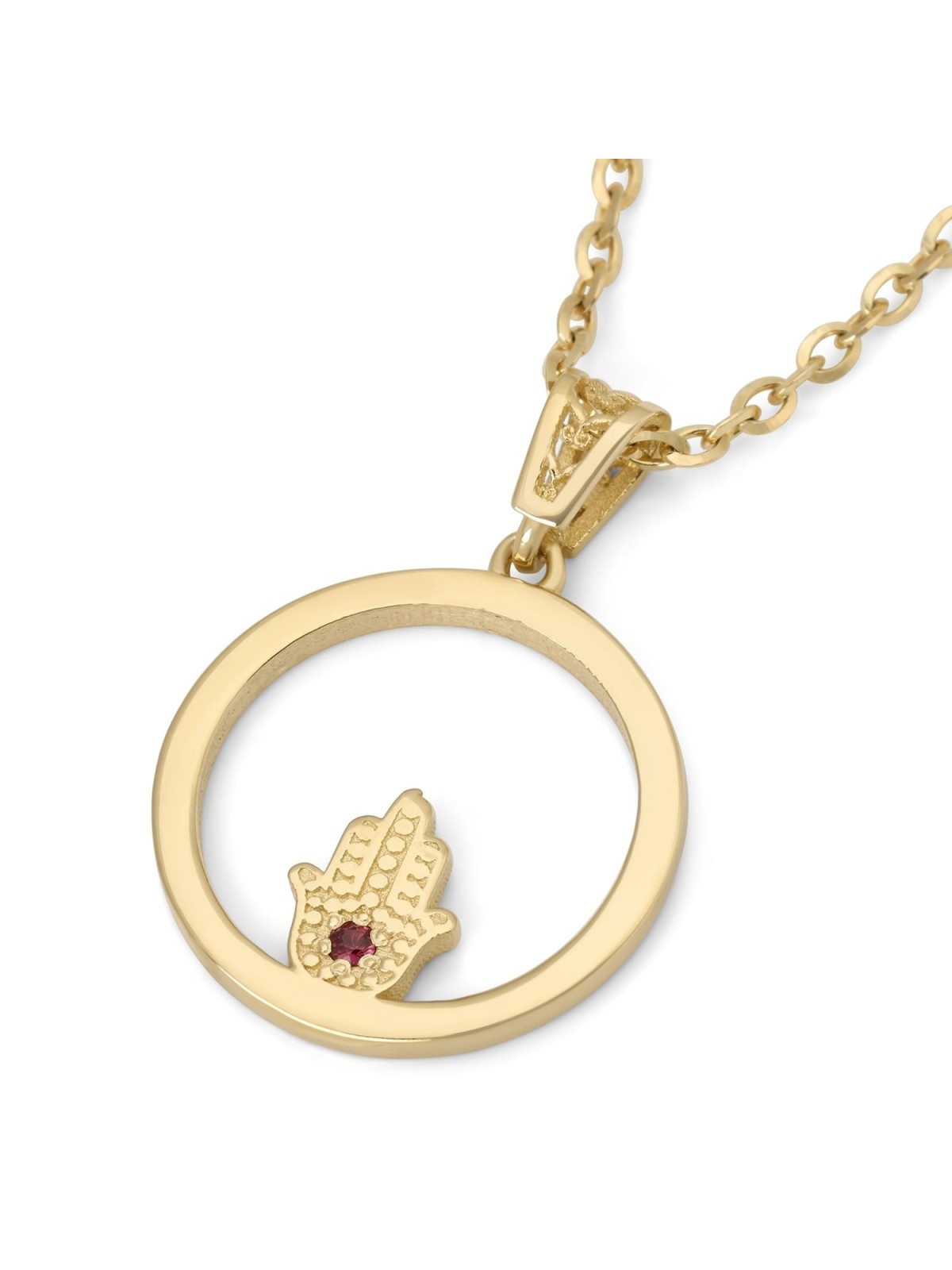 Collier pendentif circulaire en or 14 carats pour femme avec Hamsa et rubis