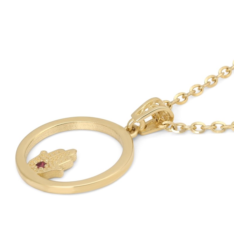 Collier pendentif circulaire en or 14 carats pour femme avec Hamsa et rubis
