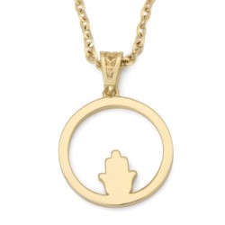 Women's 14K Gold Circular Pendant Necklace with Hamsa and Ruby