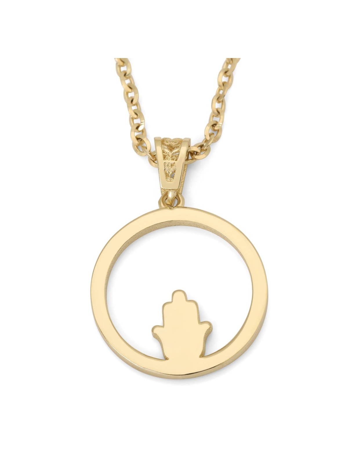 Women's 14K Gold Circular Pendant Necklace with Hamsa and Ruby