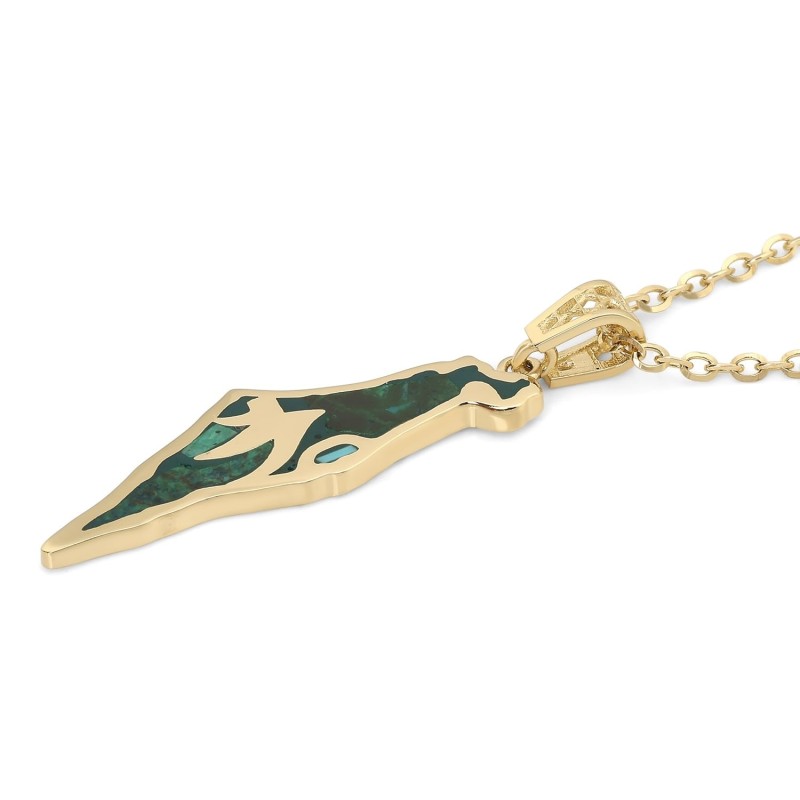 Pendentif Terre d'Israël en or jaune 14 carats avec pierre Chai et Eilat