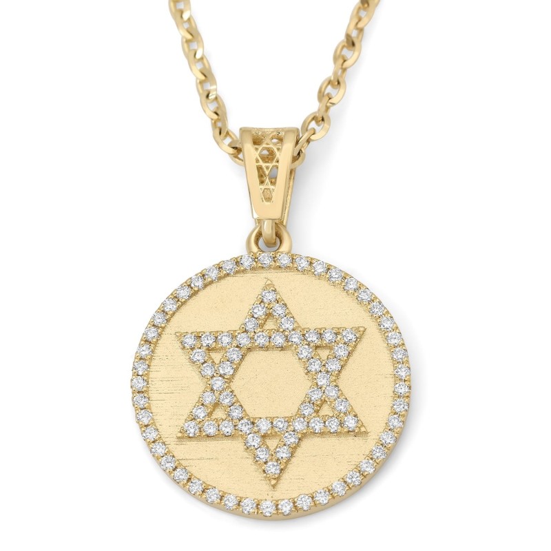 Pendentif étoile de David rond en or 14 carats avec diamants - Unisexe