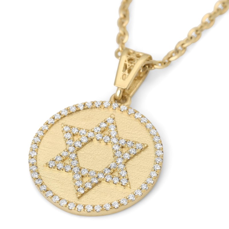 Pendentif étoile de David rond en or 14 carats avec diamants - Unisexe