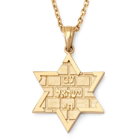 Pendentif Am Yisrael Chai et étoile de David en or 14 carats avec motif Kotel - Y