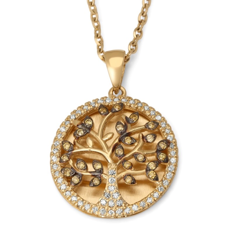 Women's 14K Gold Round Tree of Life Pendant Lined with Diamonds