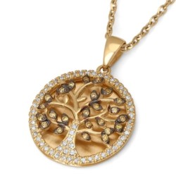 Women's 14K Gold Round Tree of Life Pendant Lined with Diamonds