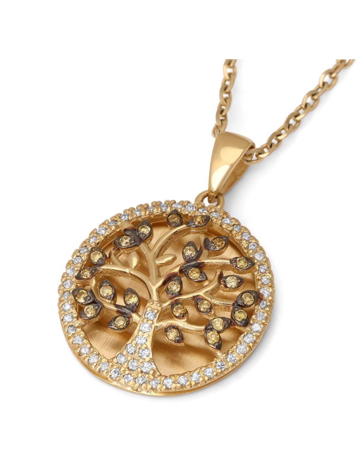 Women's 14K Gold Round Tree of Life Pendant Lined with Diamonds