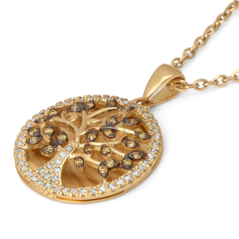 Women's 14K Gold Round Tree of Life Pendant Lined with Diamonds