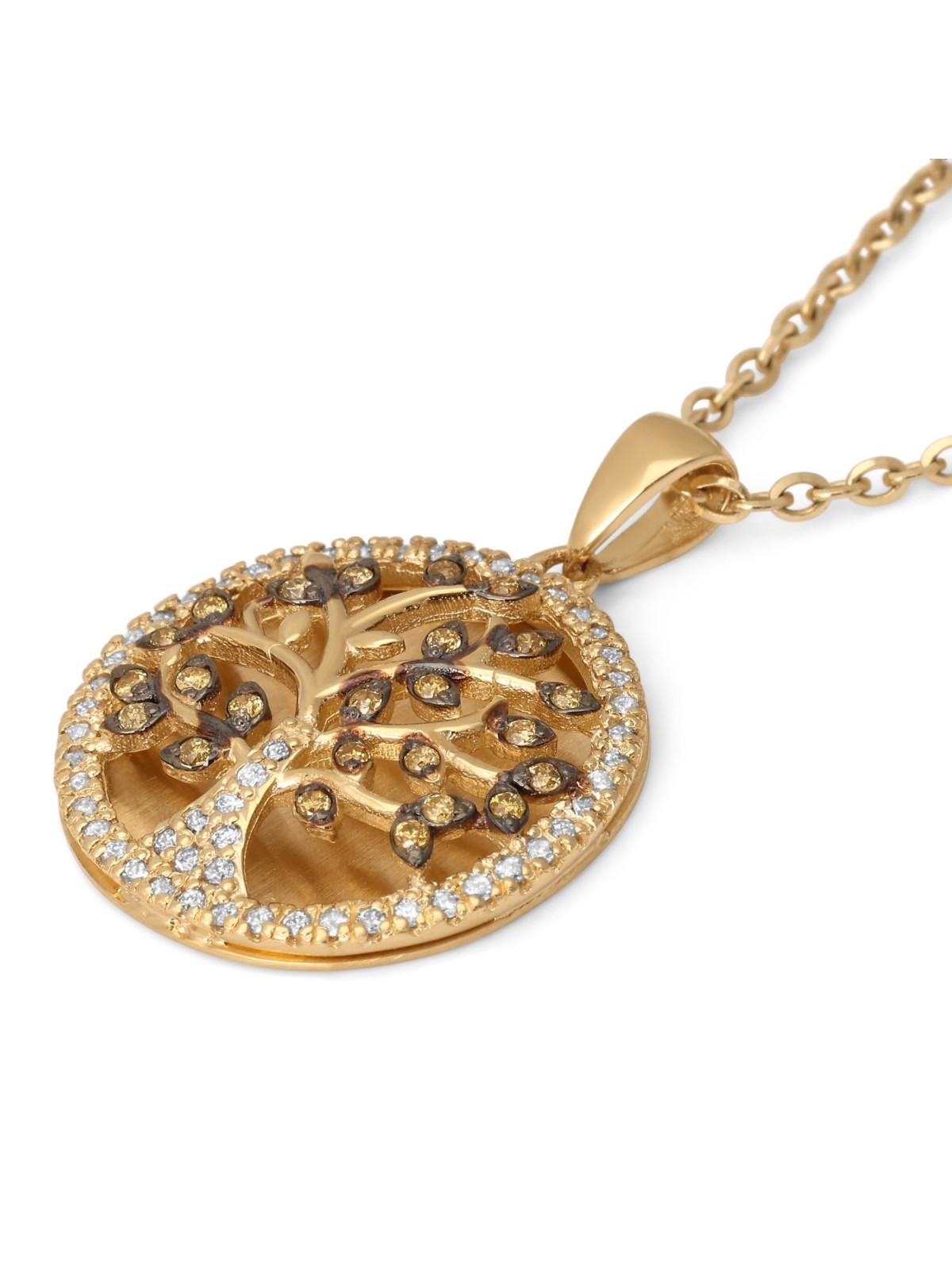 Pendentif arbre de vie rond en or 14 carats pour femme doublé de diamants