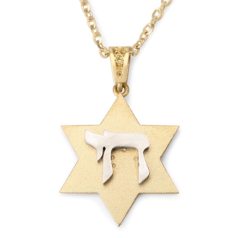 Collier pendentif unisexe étoile de David en or jaune 14 carats avec Chai