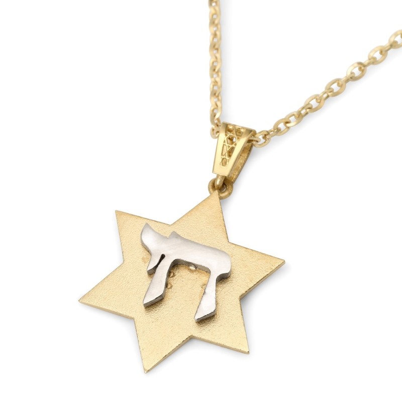 Collier pendentif unisexe étoile de David en or jaune 14 carats avec Chai