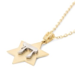 14K Yellow Gold Star of David Unisex Pendant Necklace with Chai