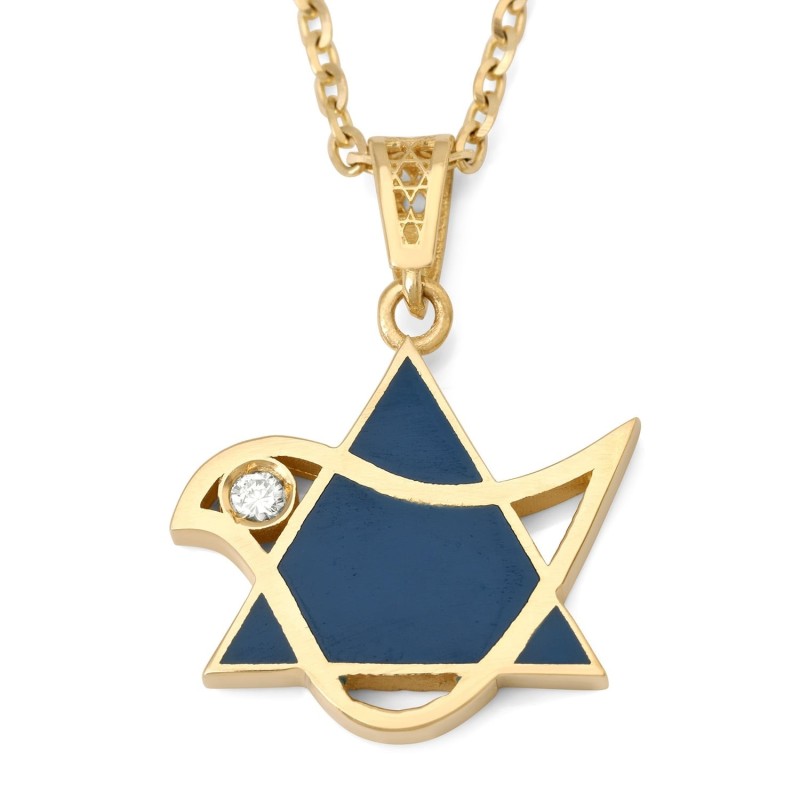Pendentif colombe et étoile de David en or 14 carats avec diamant et émail bleu