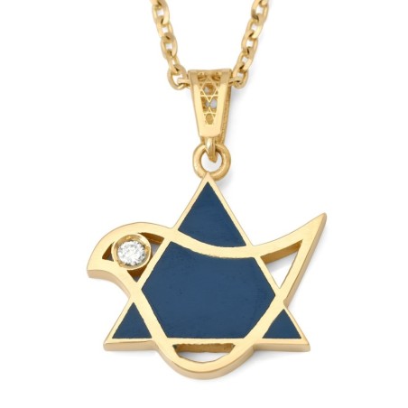 Pendentif colombe et étoile de David en or 14 carats avec diamant et émail bleu