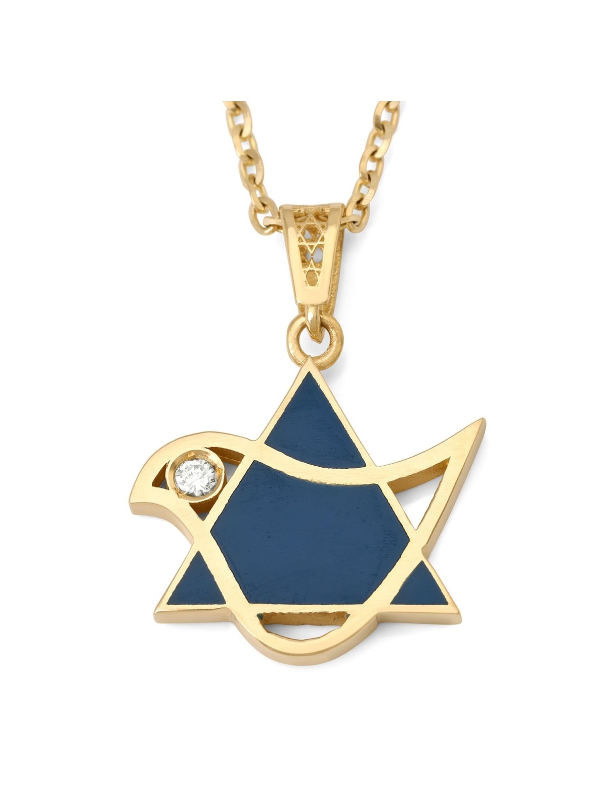 14K Gold Dove and Star of David Pendant with Diamond and Blue Enamel