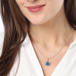 14K Gold Dove and Star of David Pendant with Diamond and Blue Enamel