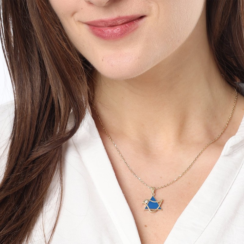 Pendentif colombe et étoile de David en or 14 carats avec diamant et émail bleu