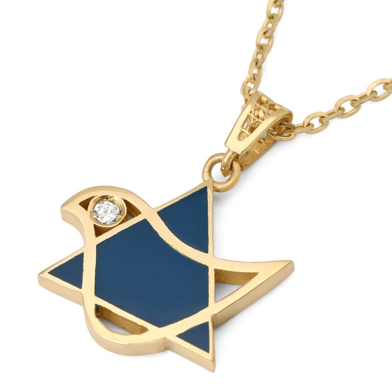 Pendentif colombe et étoile de David en or 14 carats avec diamant et émail bleu