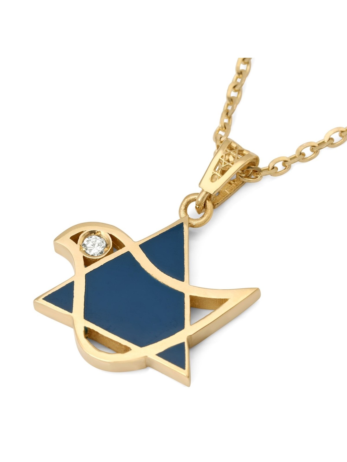 Pendentif colombe et étoile de David en or 14 carats avec diamant et émail bleu