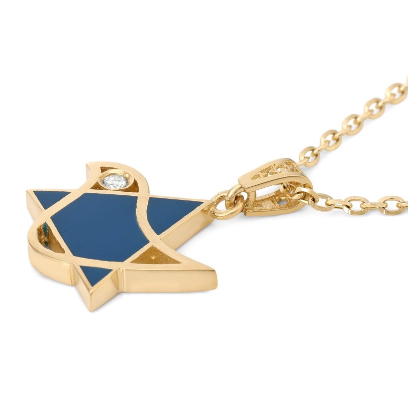 Pendentif colombe et étoile de David en or 14 carats avec diamant et émail bleu