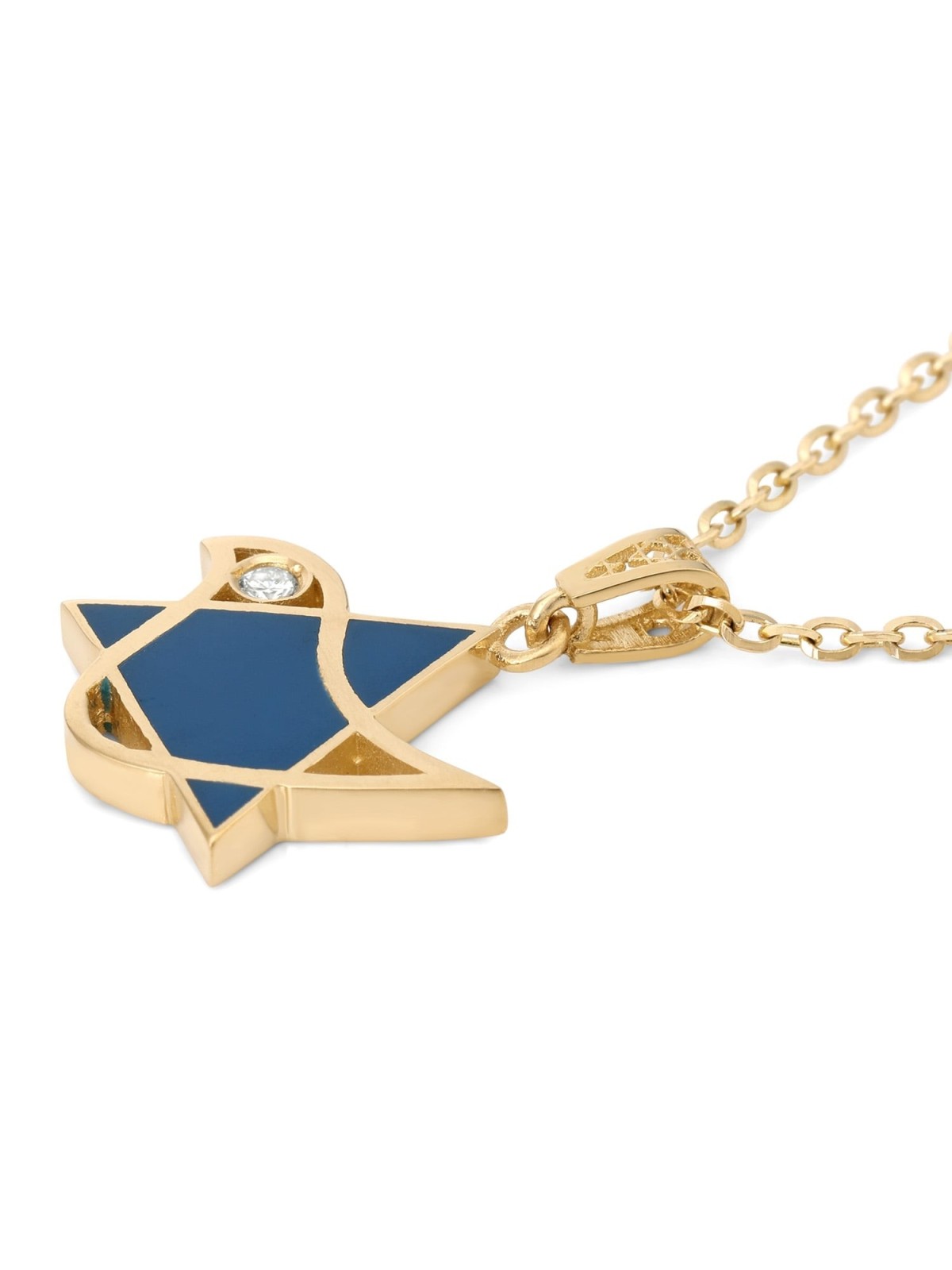 Pendentif colombe et étoile de David en or 14 carats avec diamant et émail bleu