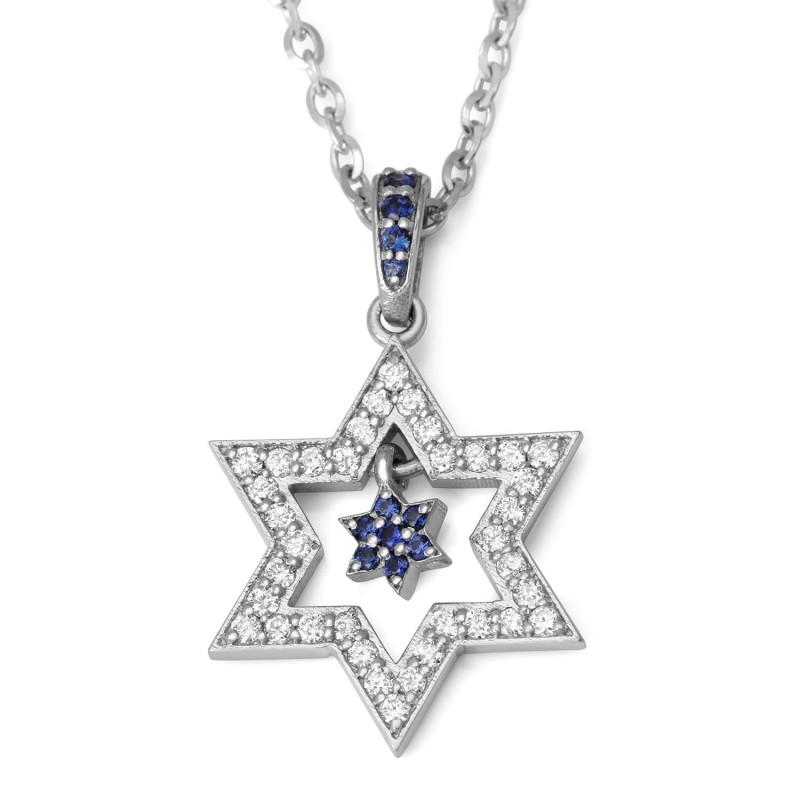 Women's 14K White Gold Double Dangling Star of David Pendant with Diam