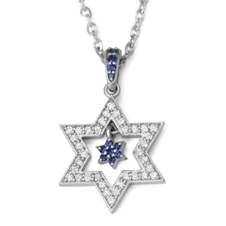 Women's 14K White Gold Double Dangling Star of David Pendant with Diam