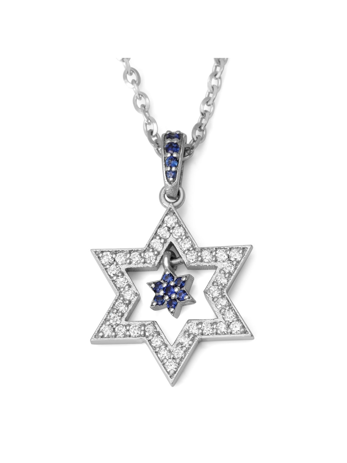 Women's 14K White Gold Double Dangling Star of David Pendant with Diam